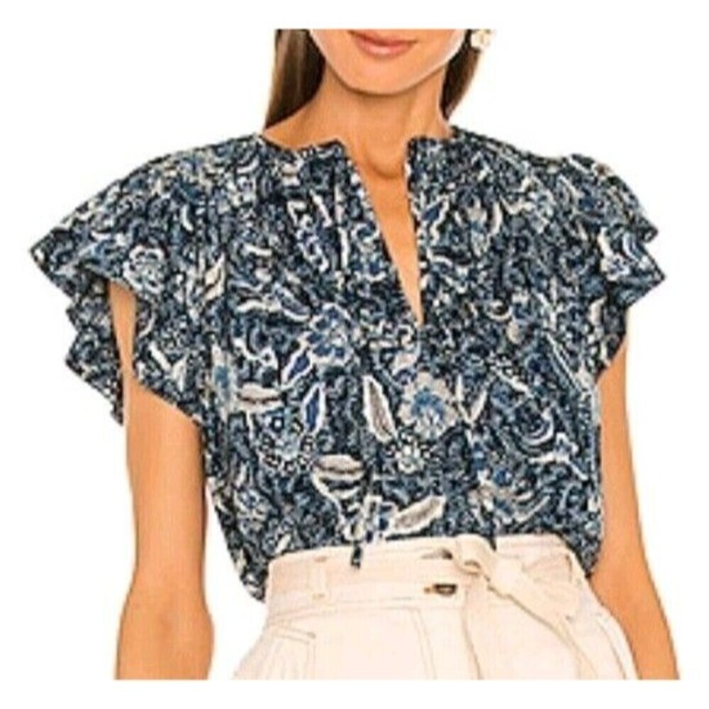 Ulla Johnson Shani Blouse Ruffled Sleeve Split Neck Floral Midnight Blue Size 0